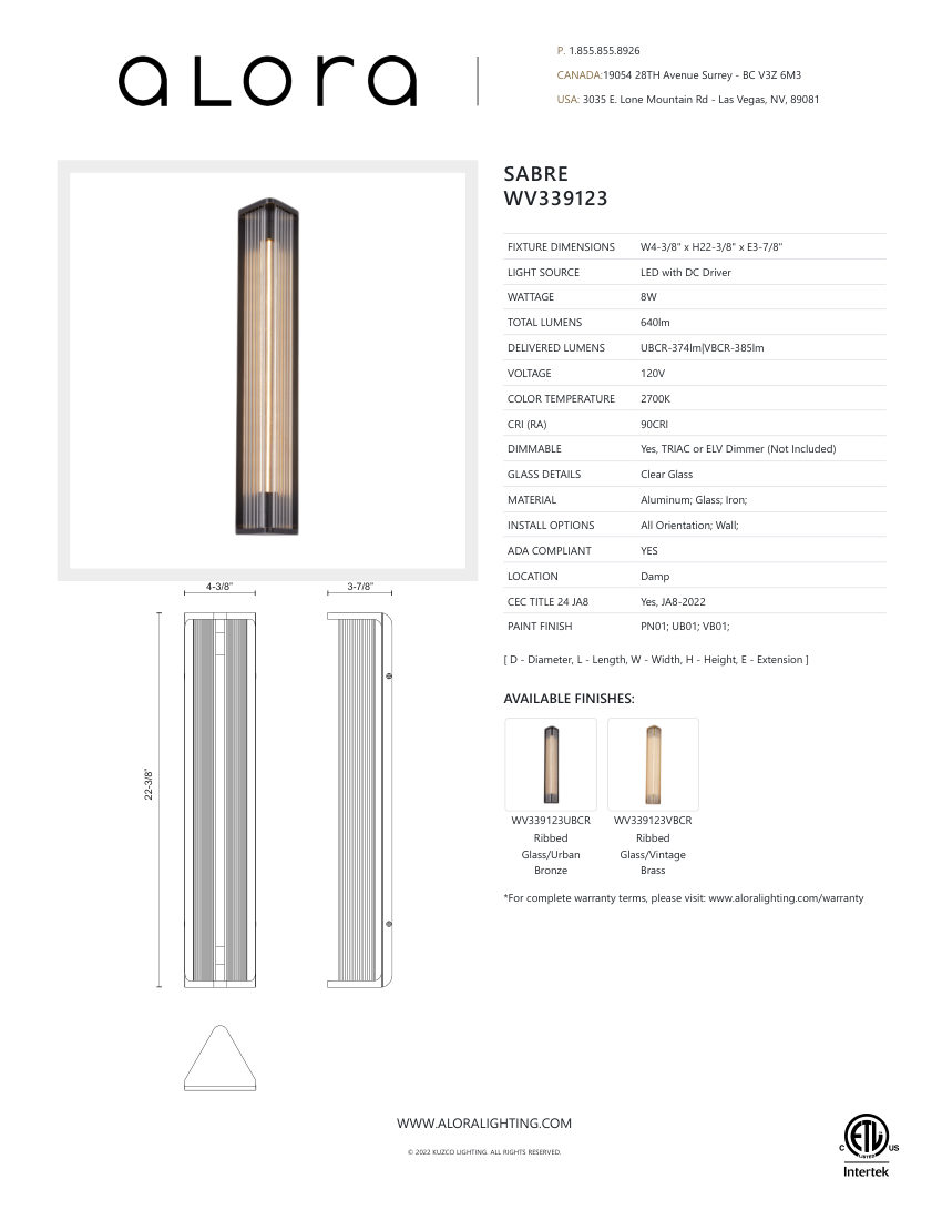 Kuzco Lighting WV339123UBCR cut sheet — first page