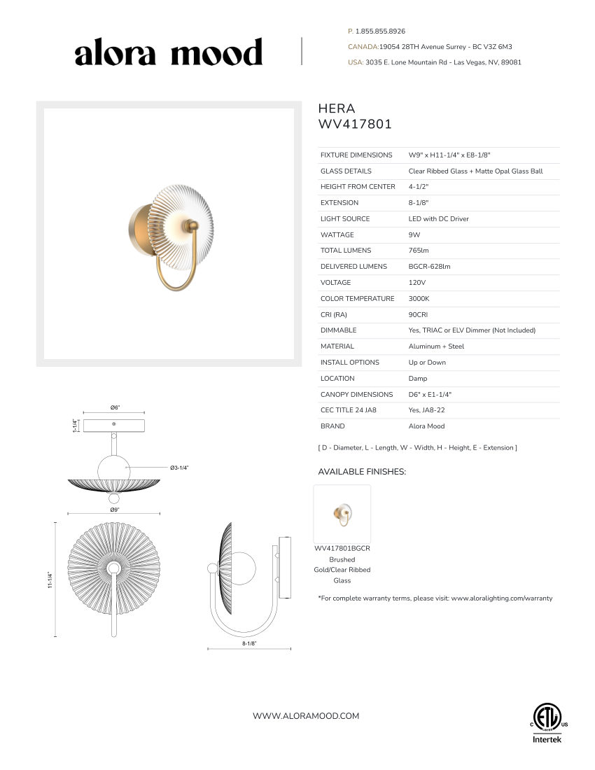 Kuzco Lighting WV417801BGCR-UNV cut sheet — first page
