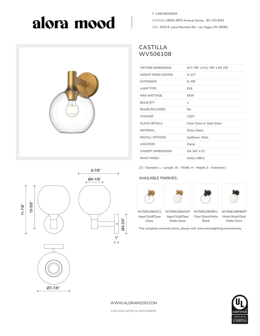 Kuzco Lighting WV506108MBOP cut sheet — first page