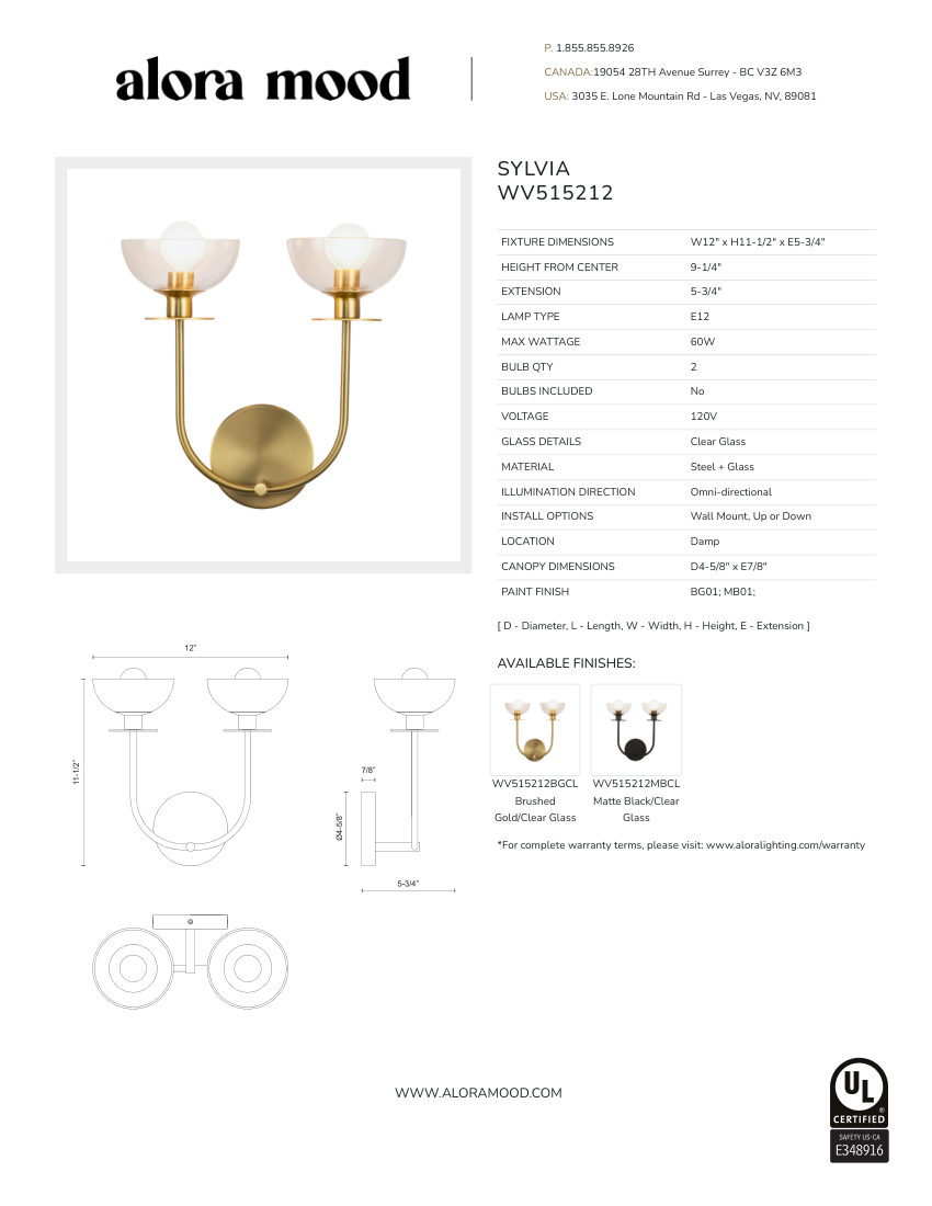 Kuzco Lighting WV515212MBCL cut sheet — first page