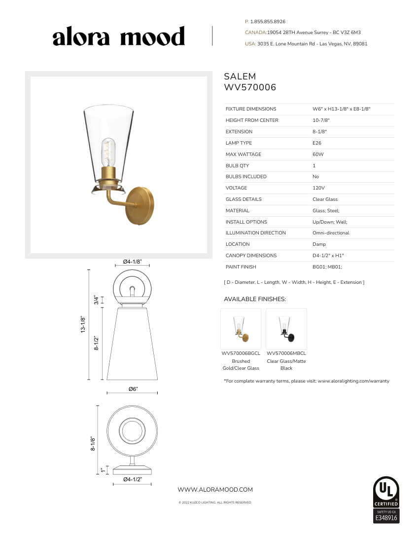 Kuzco Lighting WV570006BGCL cut sheet — first page
