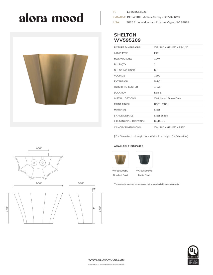 Kuzco Lighting WV595209BG cut sheet — first page