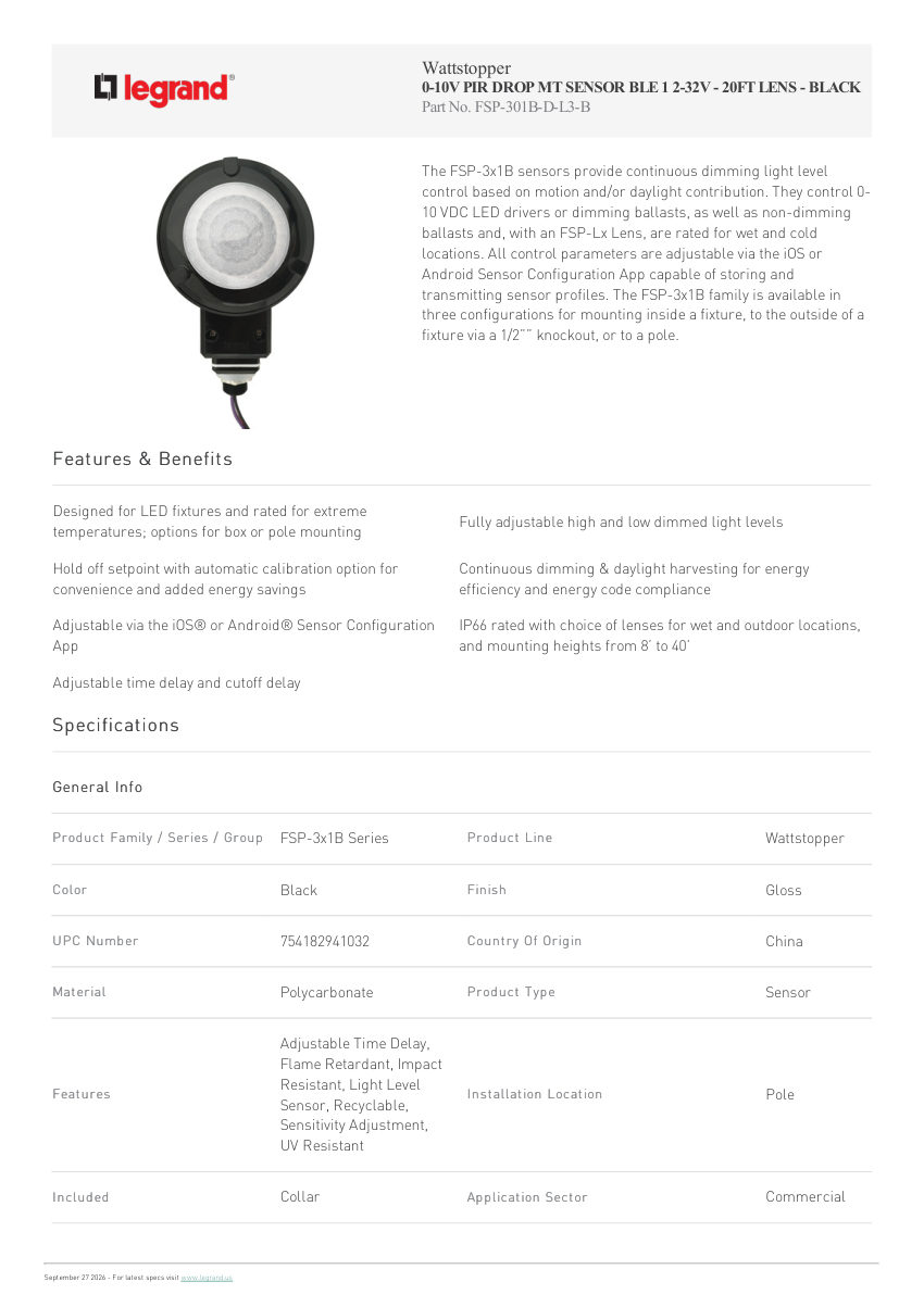 Legrand 0 10V Pir Drop Mt Sensor Ble 1 2 32V 20Ft Lens Black cut sheet — first page