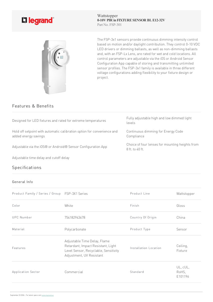 Legrand 0 10V Pir In Fixture Sensor Bl E12 32V cut sheet — first page