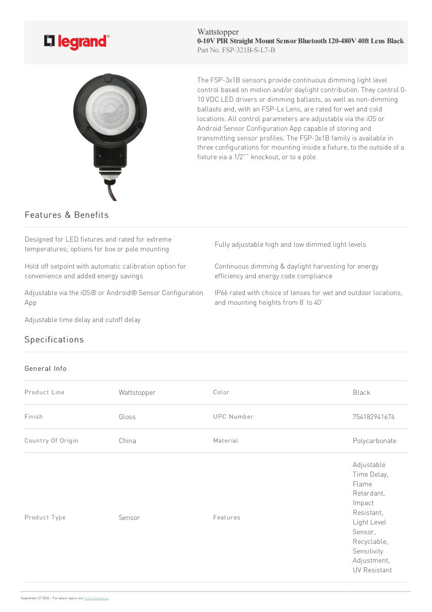 Legrand 0 10V Pir Straight Mt Sensor Ble 120 480V 40Ft Lens Black cut sheet — first page