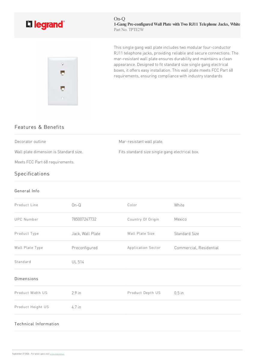 Legrand 1 Gang Pre Configured Wall Plate With Two Rj11 Telephone Jac cut sheet — first page