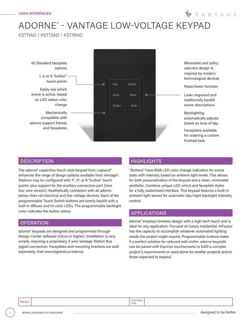 Legrand 1308252_AdorneKeypad_cutsheet cut sheet — first page
