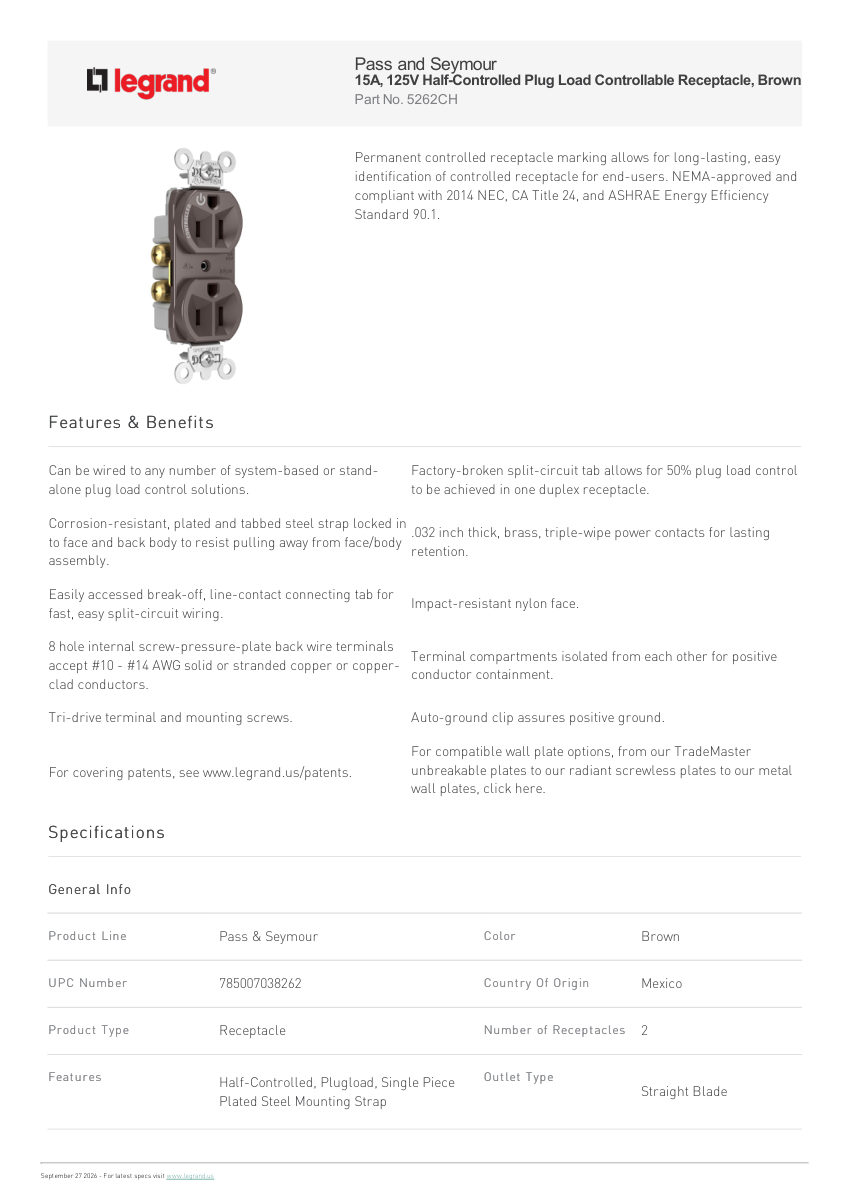Legrand 15A 125V Half Controlled Plug Load Controllable Receptacle B cut sheet — first page