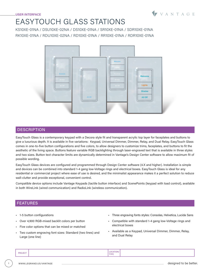 Legrand 35070r2_EasyTouch Glass Stations_cutsheet cut sheet — first page