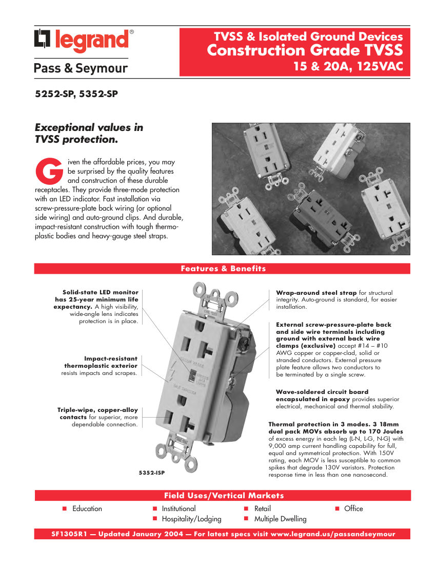 Legrand 5252-ISP cut sheet — first page