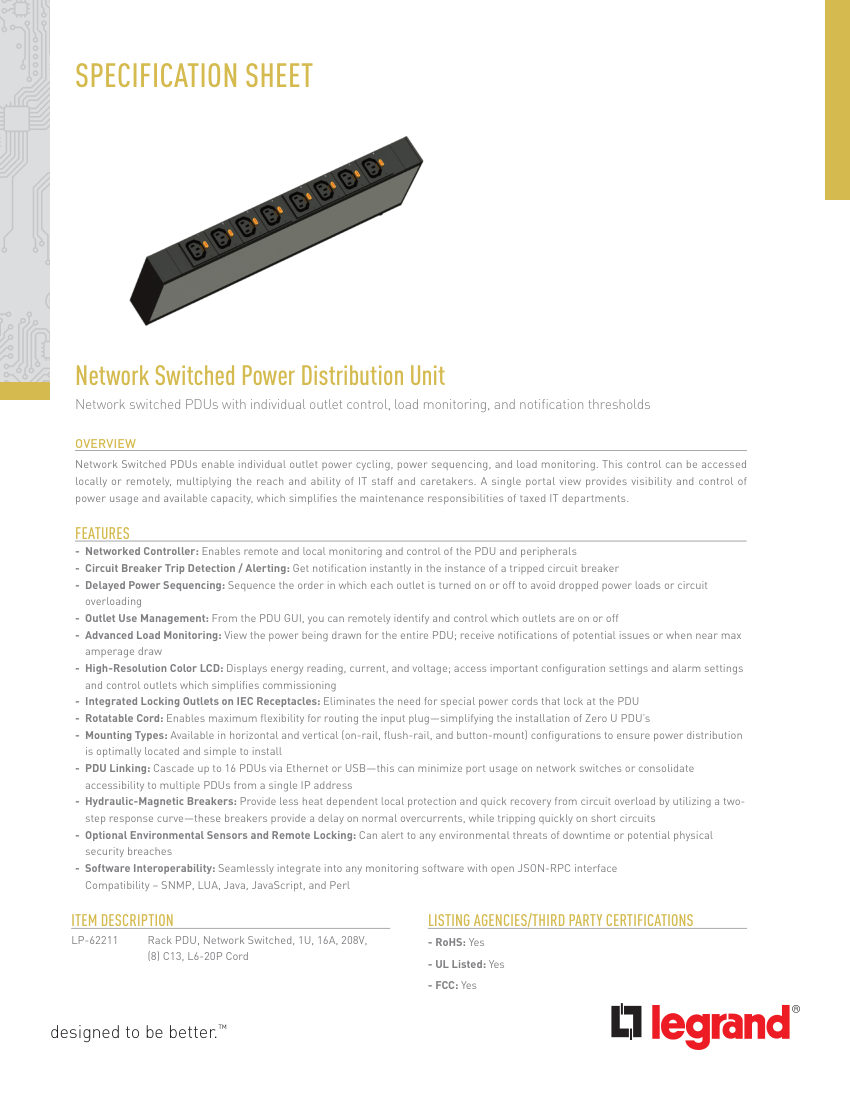 Legrand 62211 cut sheet — first page