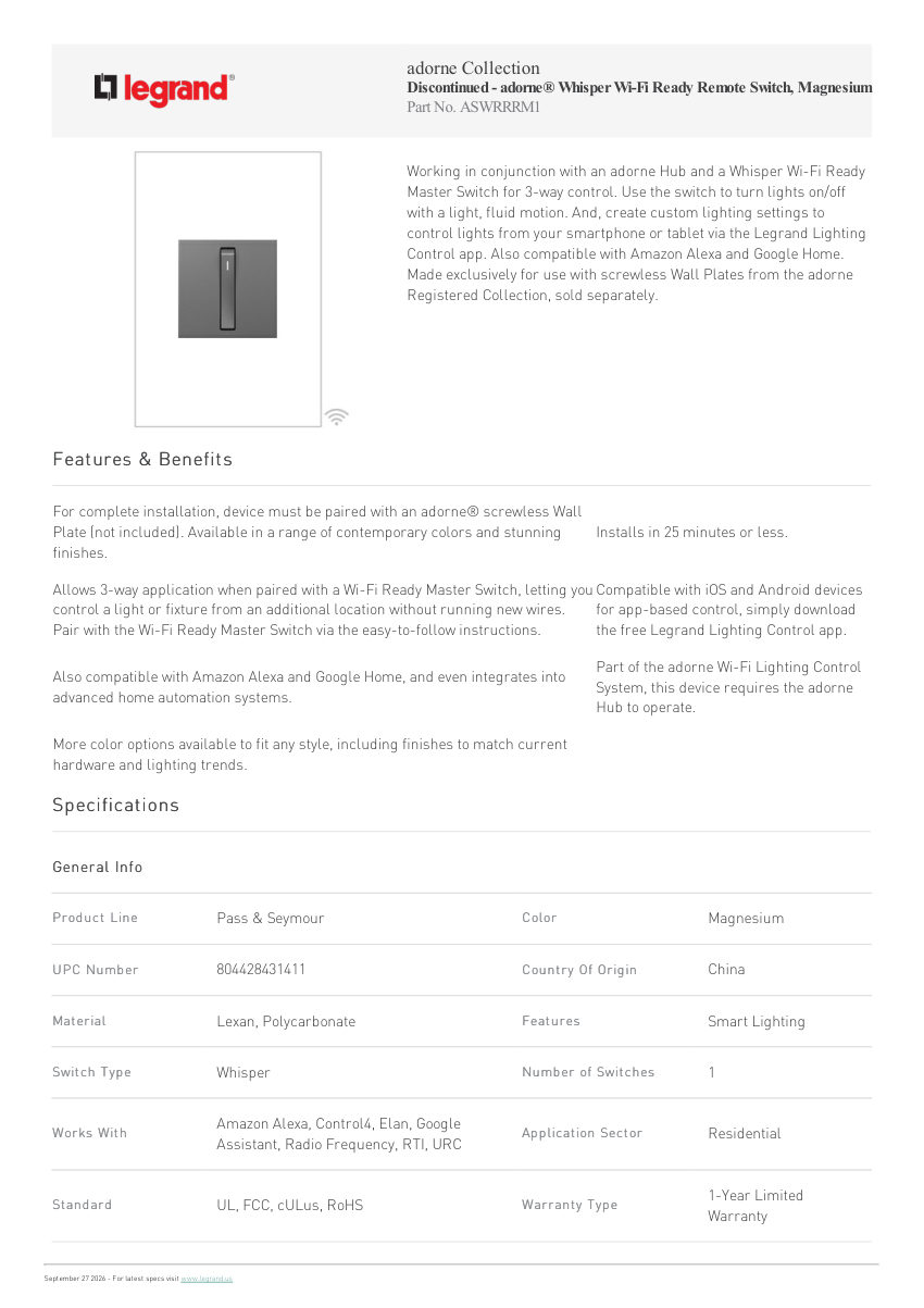 Legrand Adorne Whisper Wi Fi Ready Remote Switch Magnesium cut sheet — first page
