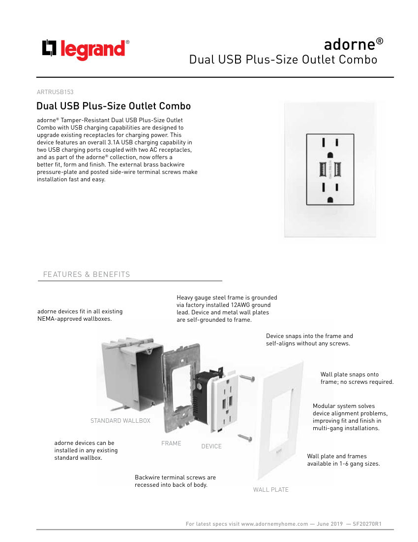 Legrand ARTRUSB153 cut sheet — first page