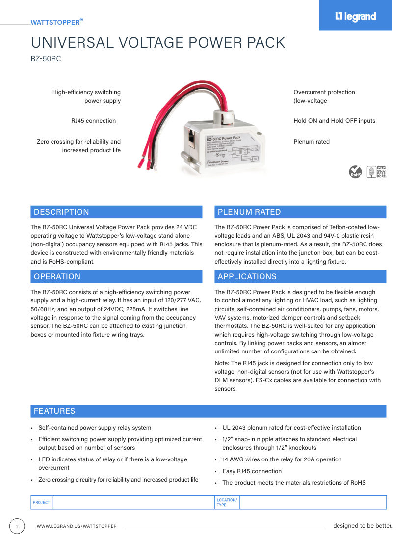 Legrand BCS-WS-CS-BZ-50RC cut sheet — first page