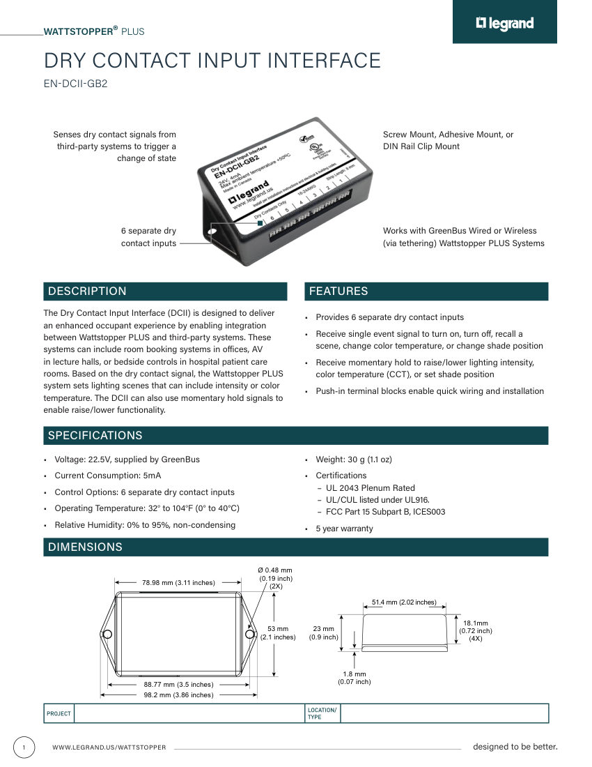 Legrand BCS-WS-CS-DCIIcutsheet-080474-r3 cut sheet — first page