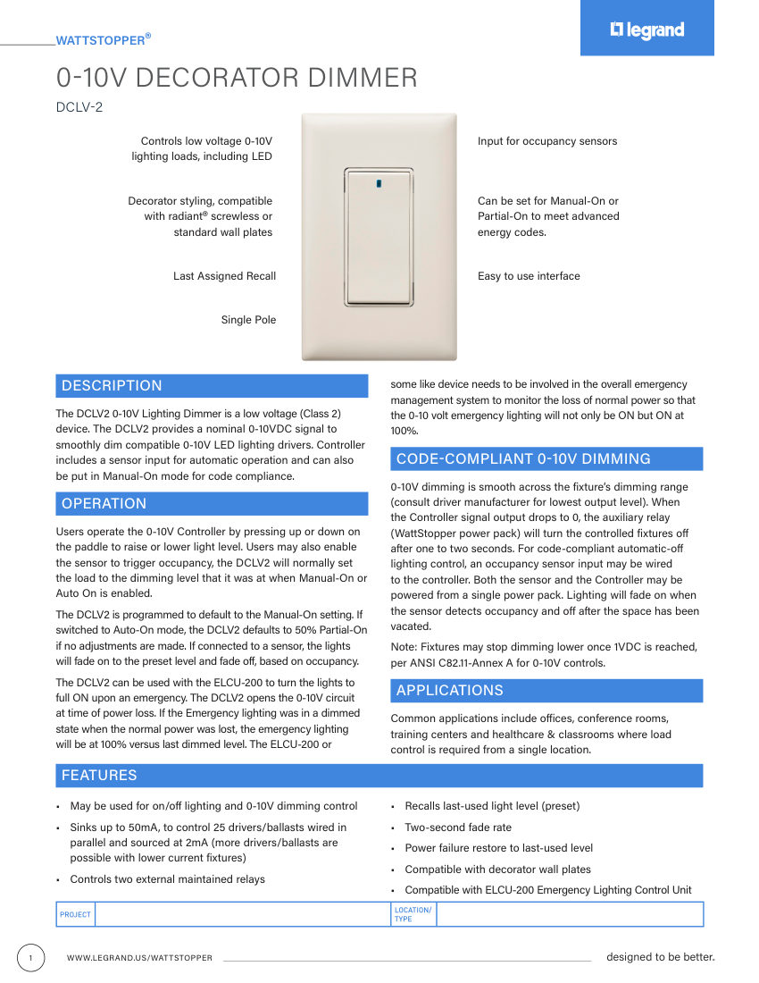 Legrand BCS-WS-CS-DCLV2 cut sheet — first page