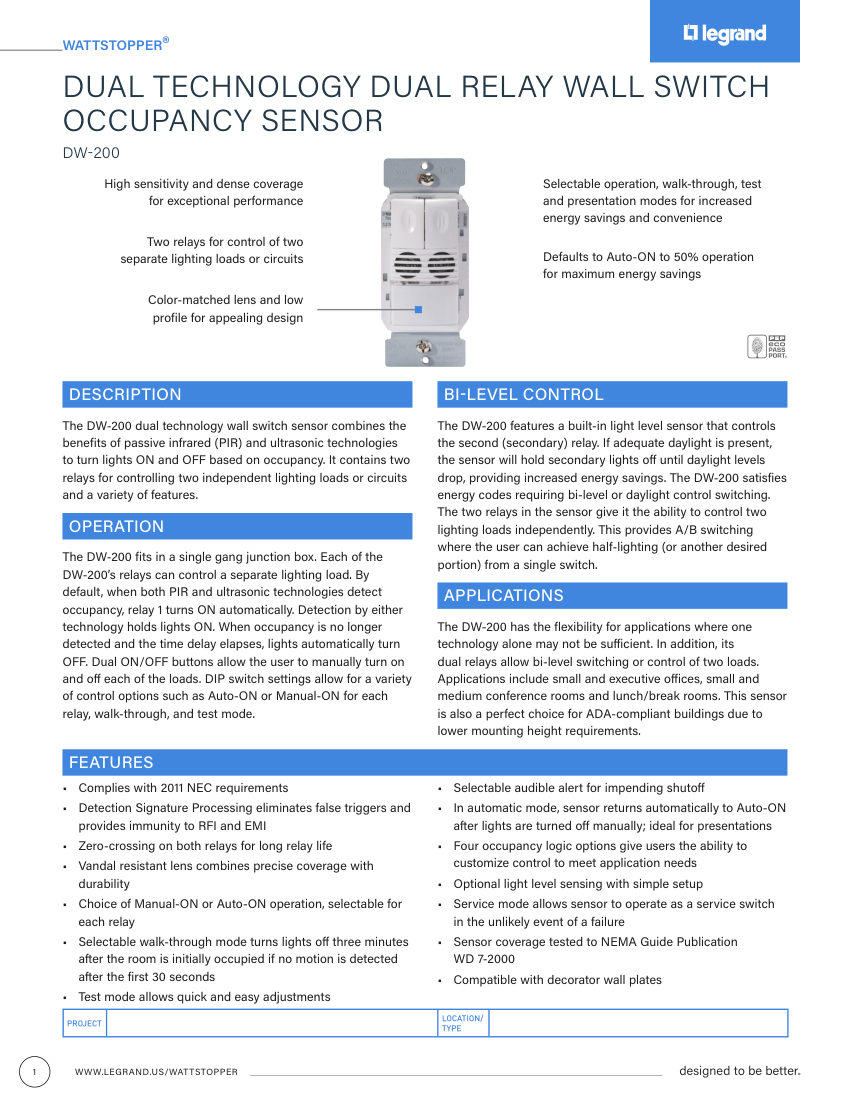 Legrand BCS-WS-CS-DW-200 cut sheet — first page