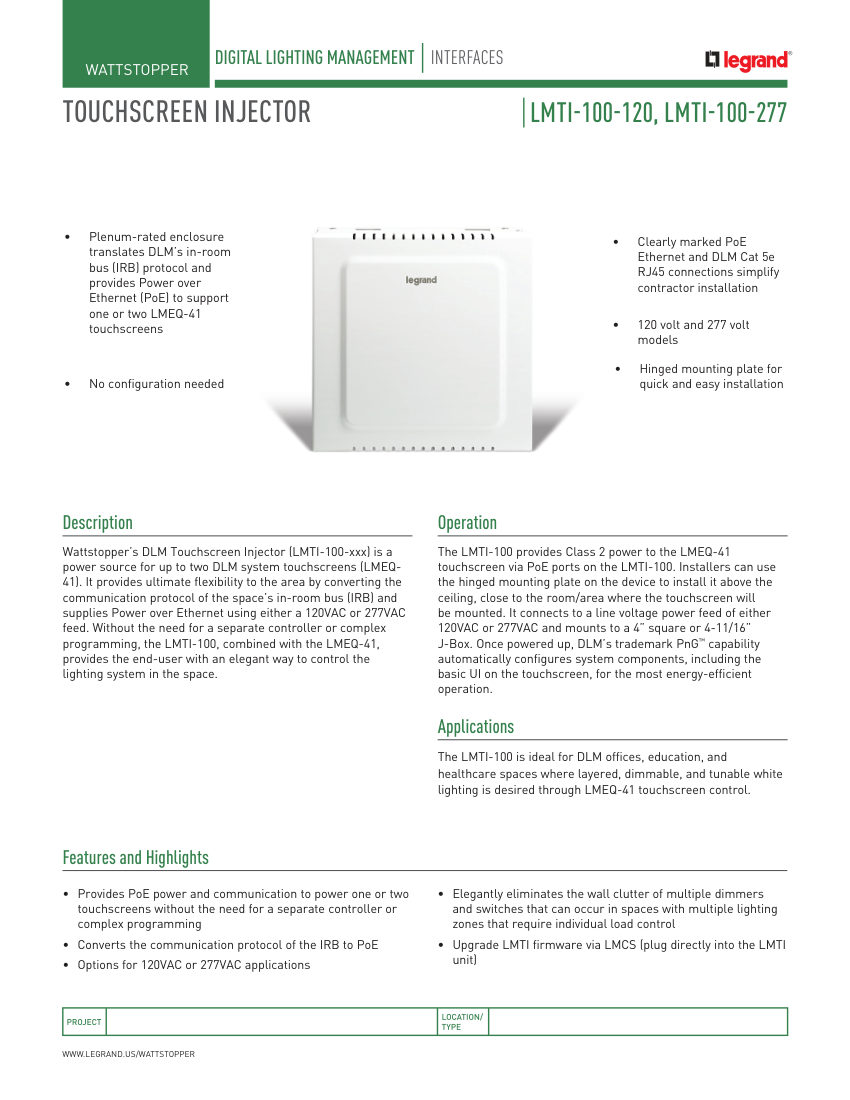 Legrand BCS-WS-CS-LMTI-100 cut sheet — first page