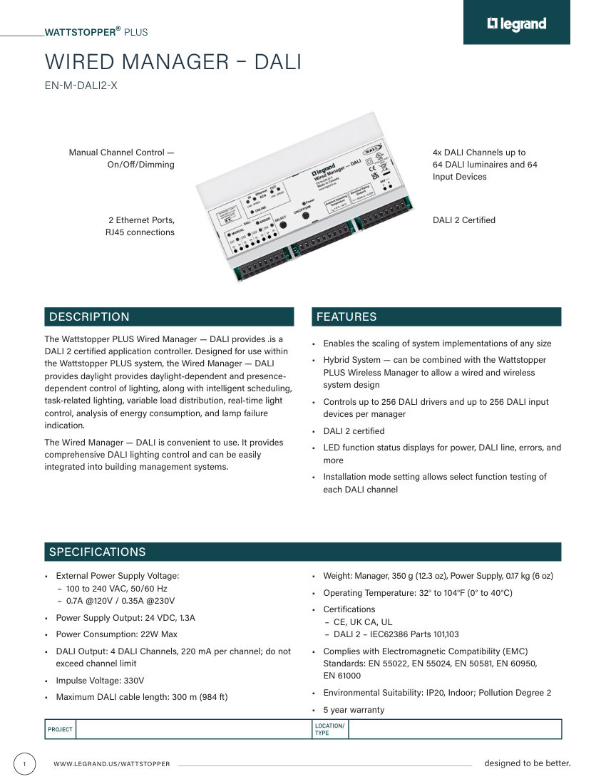 Legrand BCS-WS-CS-WiredManagerDALIcutsheet-080242-r8 cut sheet — first page