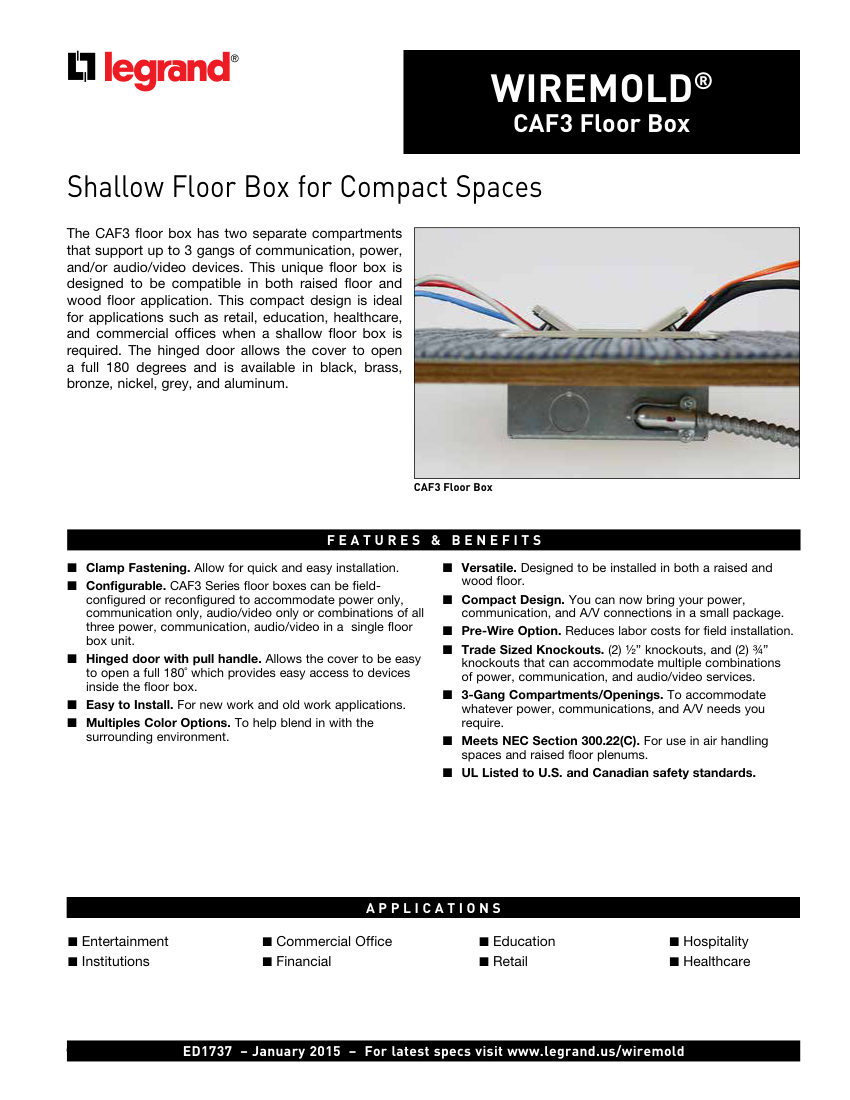 Legrand CAF3FloorBox cut sheet — first page