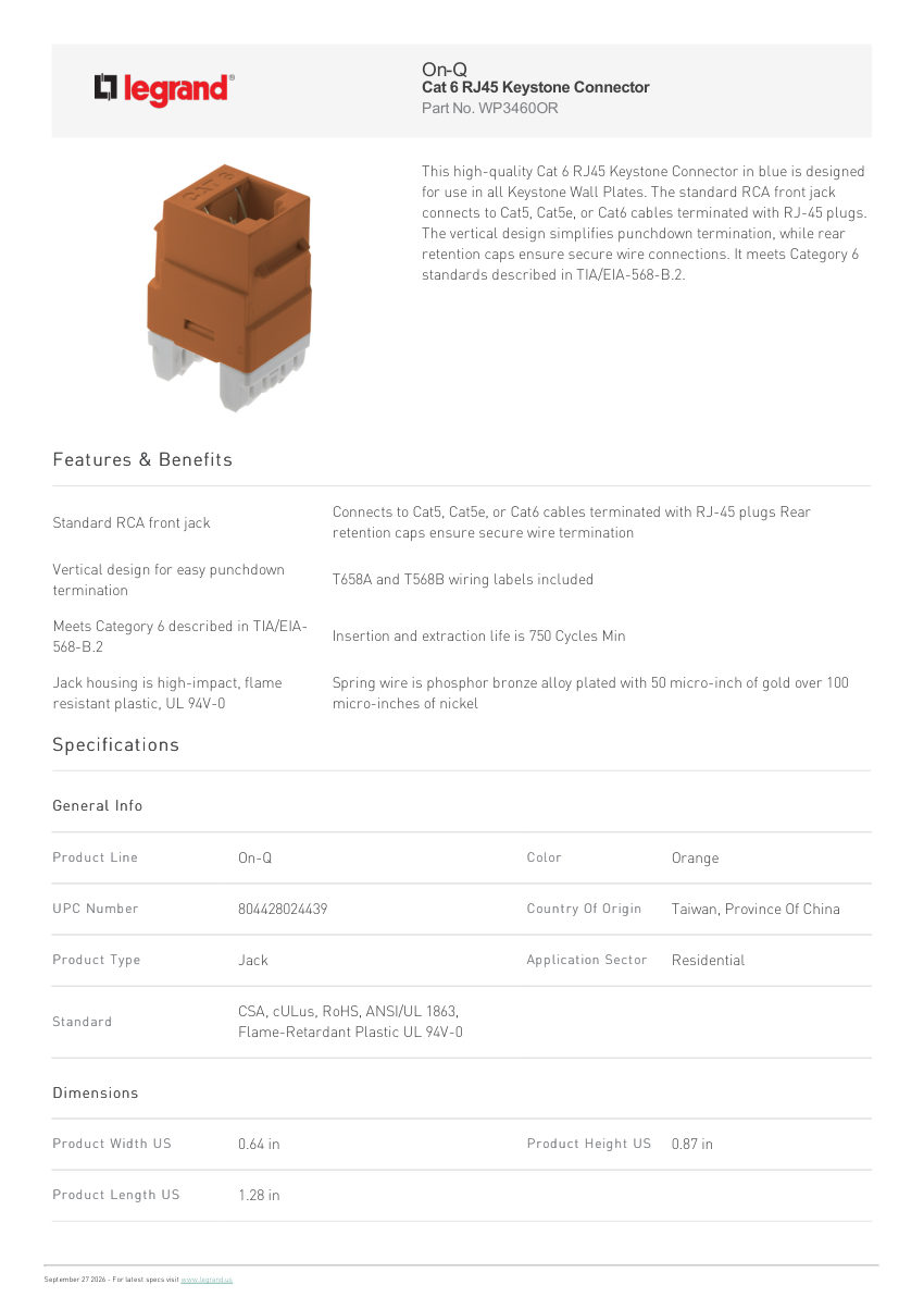 Legrand Cat 6 Rj45 Keystone Connector cut sheet — first page