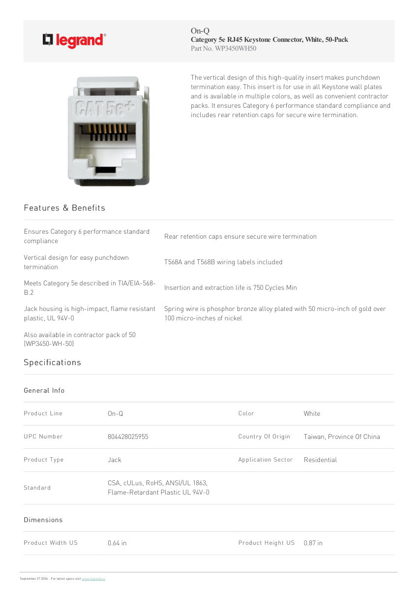 Legrand Category 5E Rj45 Keystone Connector White 50 Pack cut sheet — first page