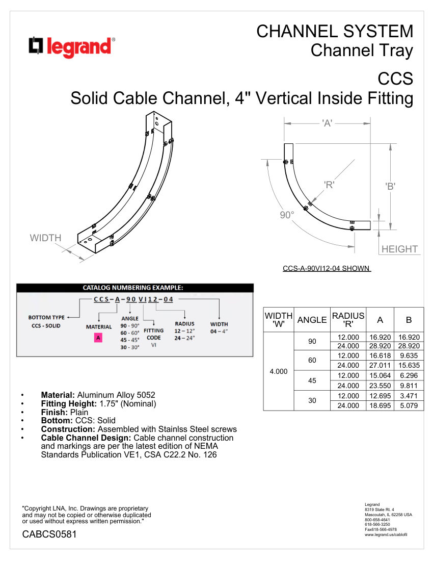 Legrand CCS-A-90 VI12-04 cut sheet — first page