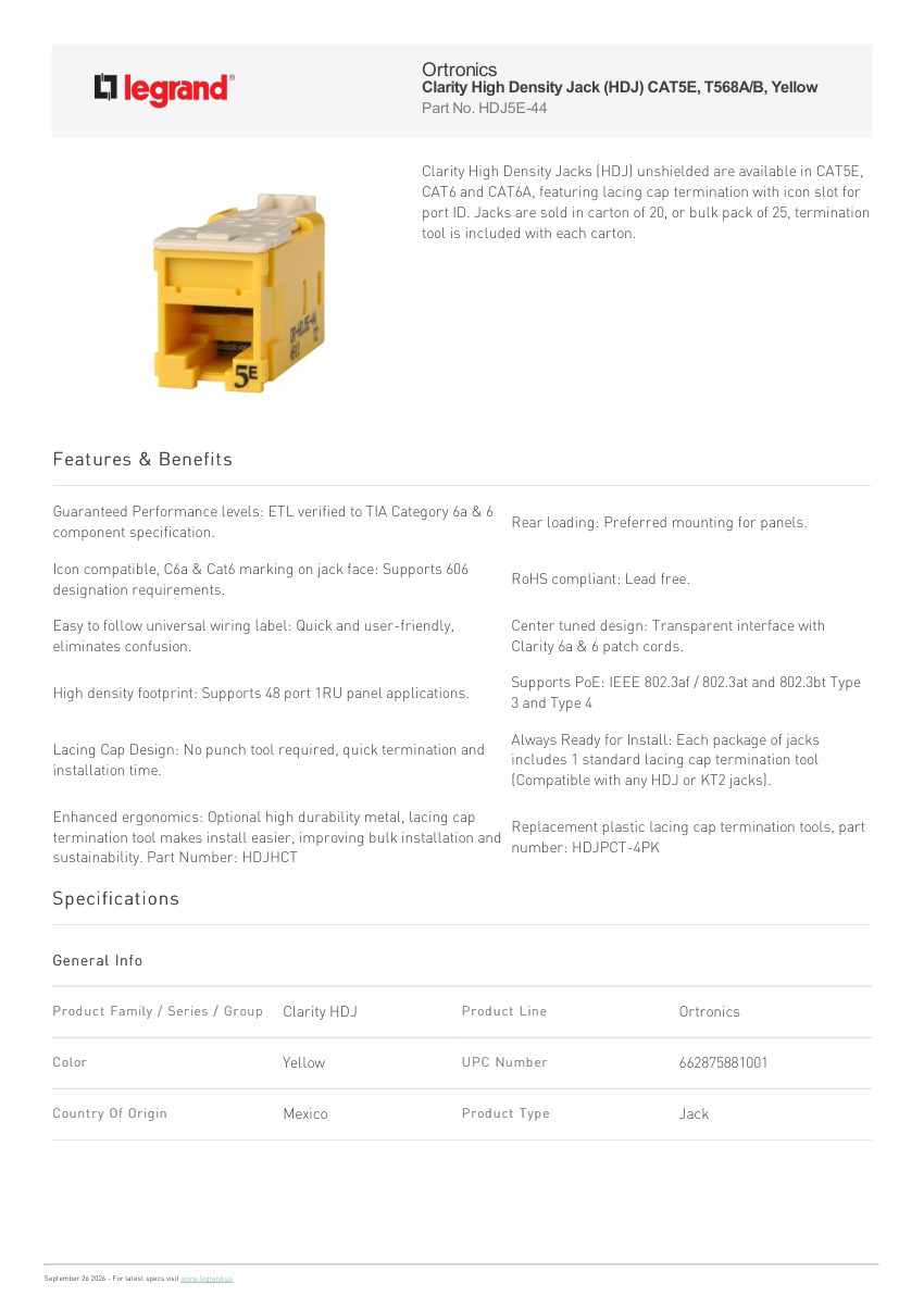 Legrand Clarity High Density Jack Hdj Cat5E T568A B Yellow cut sheet — first page
