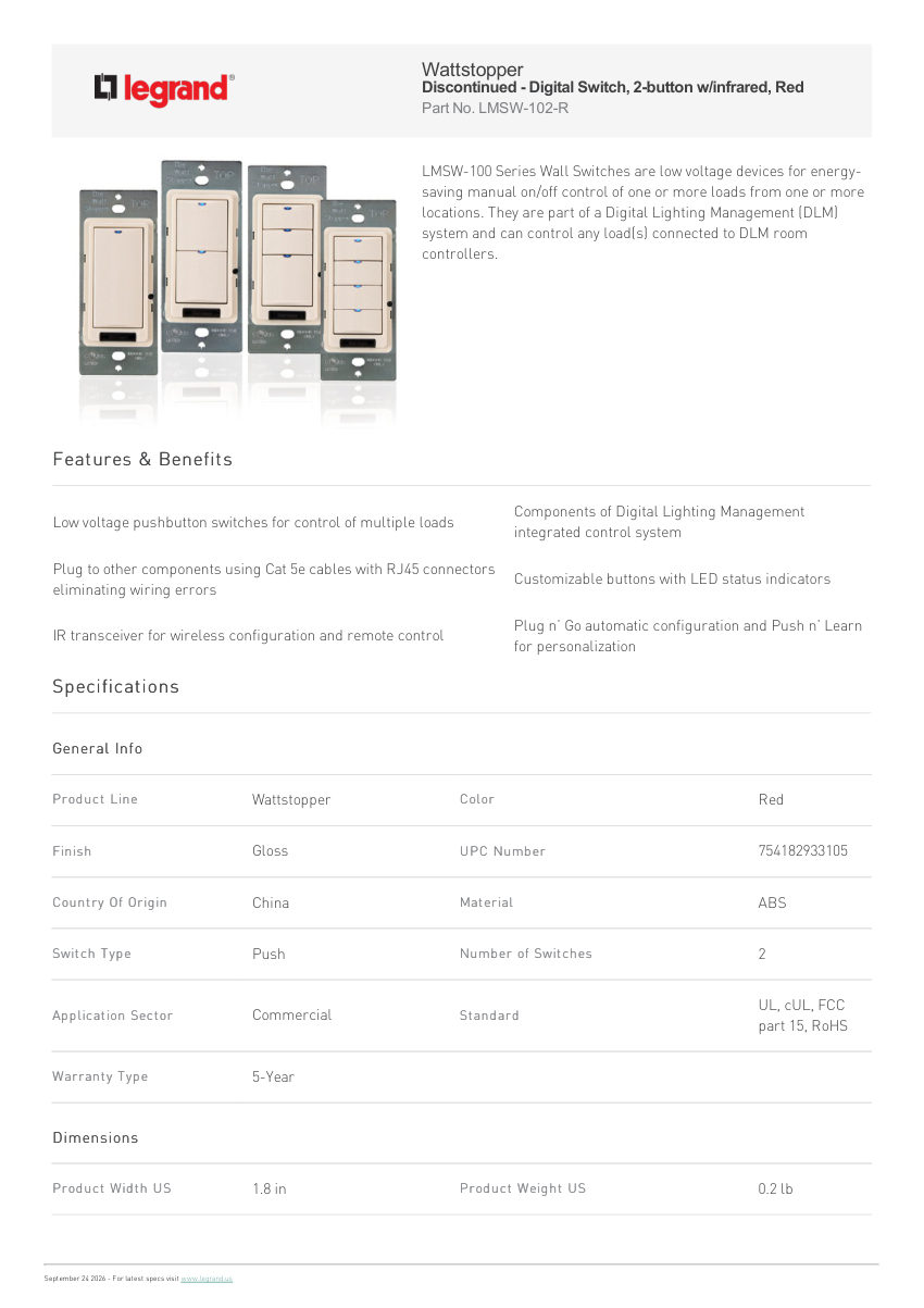 Legrand Digital Switch 2 Button W Infrared Red cut sheet — first page