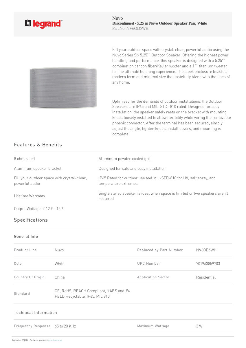 Legrand Discontinued 5 25 In Nuvo Outdoor Speaker Pair White cut sheet — first page