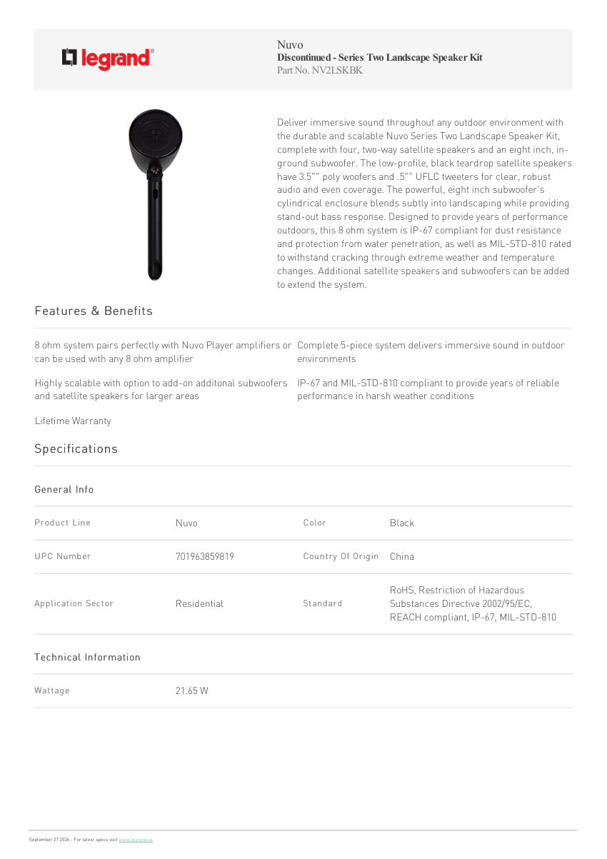 Legrand Discontinued Series Two Landscape Speaker Kit cut sheet — first page