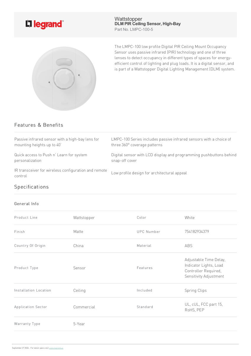 Legrand Dlm Pir Ceiling Sensor High Bay cut sheet — first page