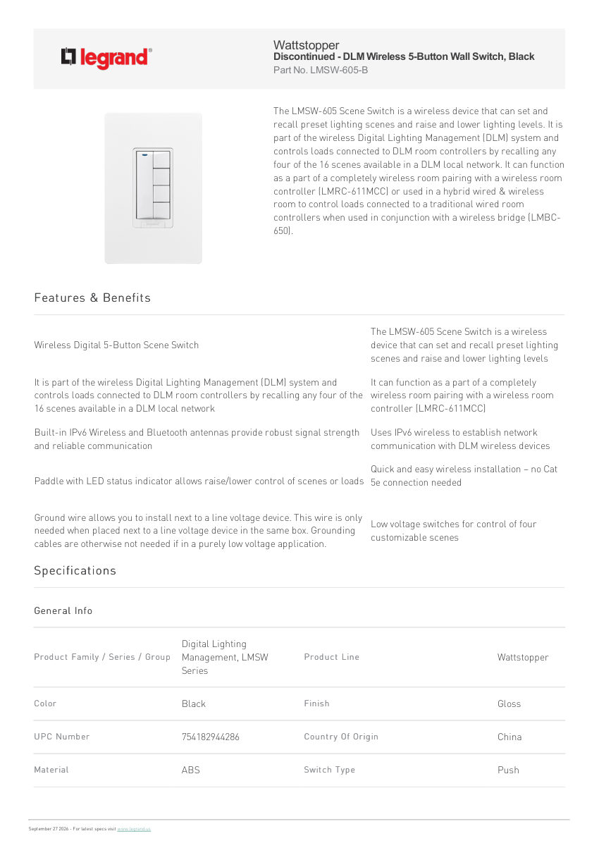 Legrand Dlm Wireless 5 Button Wall Switch Black cut sheet — first page