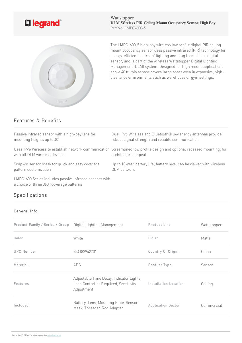 Legrand Dlm Wireless Pir Ceiling Mount Occupancy Sensor High Bay cut sheet — first page