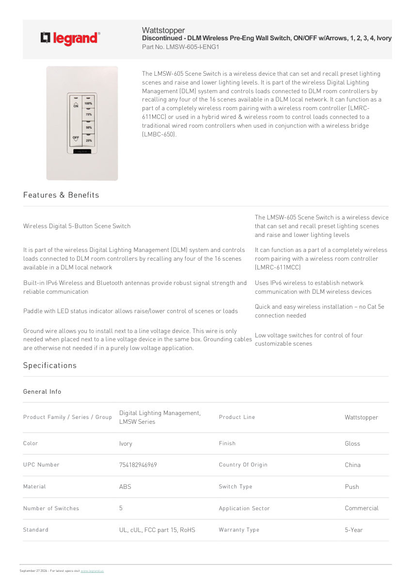 Legrand Dlm Wireless Pre Eng Wall Switch On Off W Arrows 1 2 3 4 Ivo cut sheet — first page