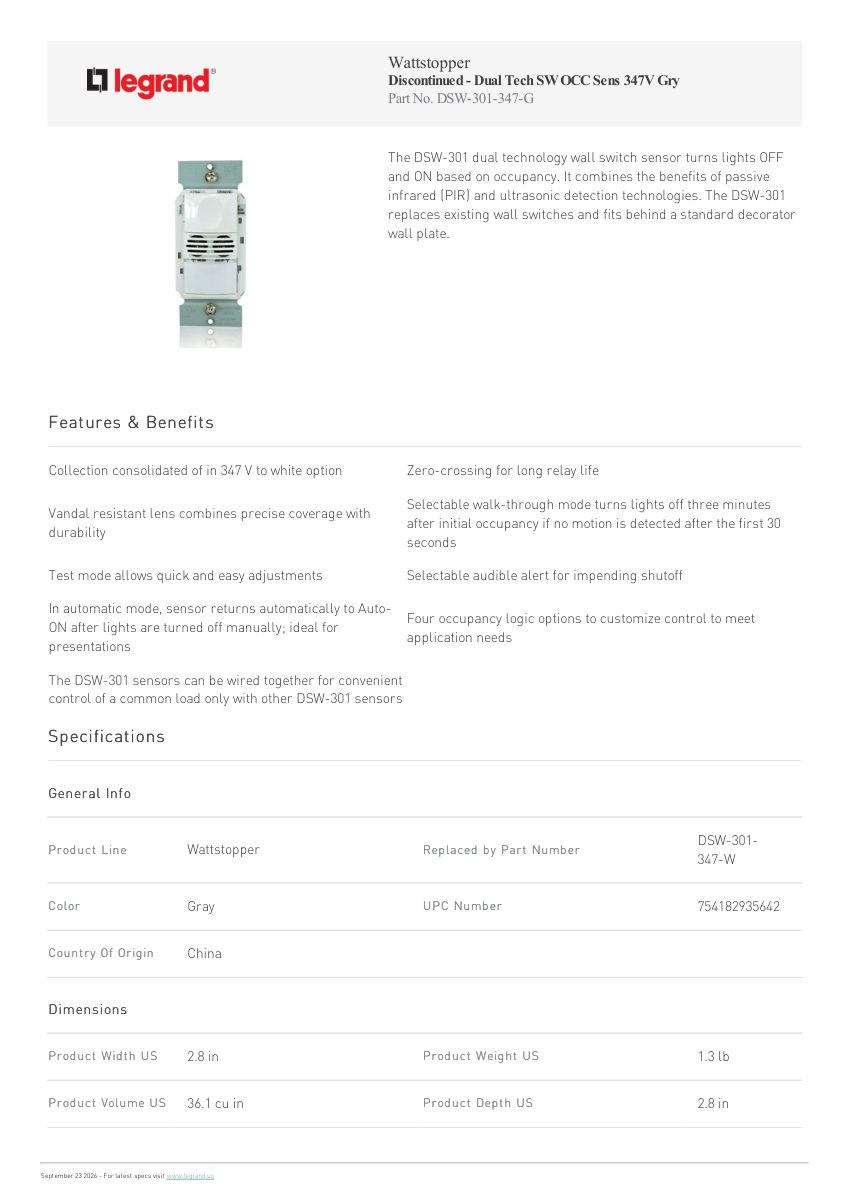 Legrand Dual Tech Sw Occ Sens 347V Gry cut sheet — first page