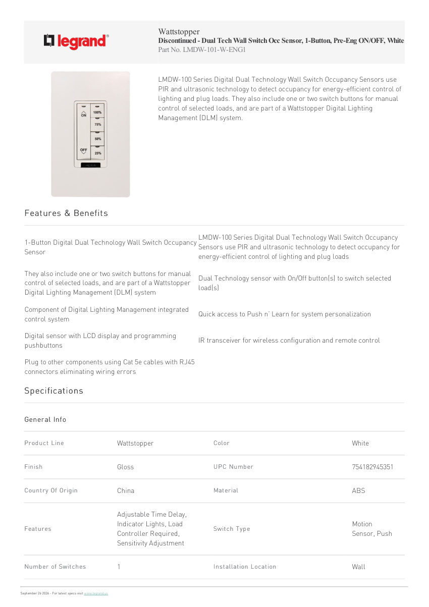 Legrand Dual Tech Wall Switch Occ Sensor 1 Button Pre Eng On Off Whi cut sheet — first page