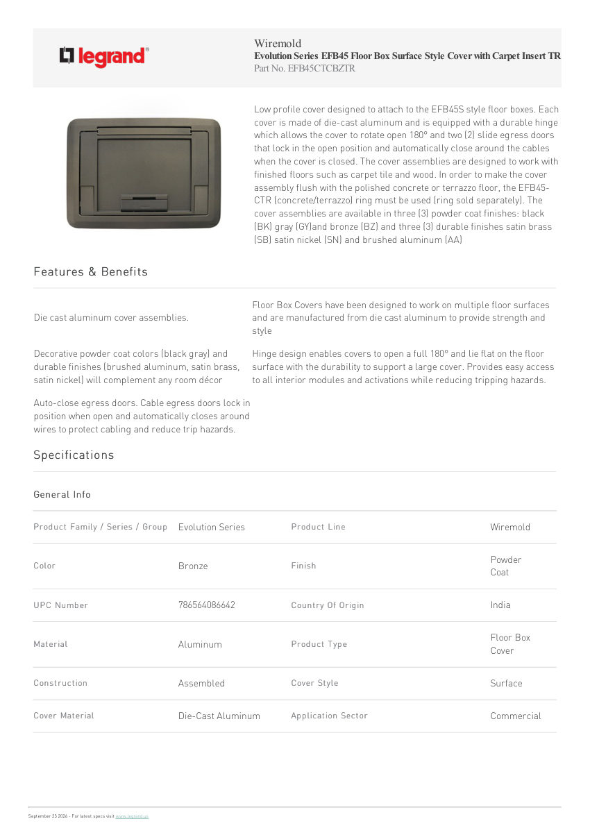 Legrand Evolution Series Efb45 Floor Box Surface Style Cover With Ca cut sheet — first page