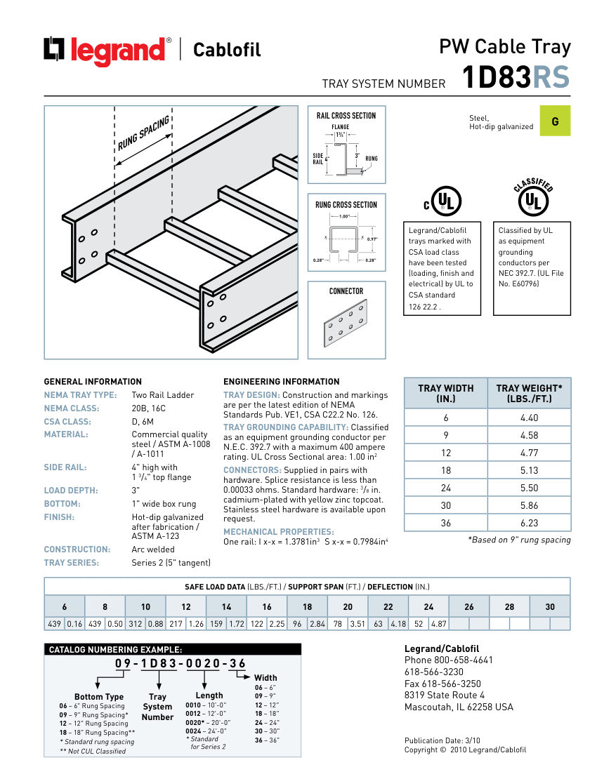 Legrand EWS-CB-CS-Steel-Ladder-Straight-Sections-4inch-1D83 cut sheet — first page