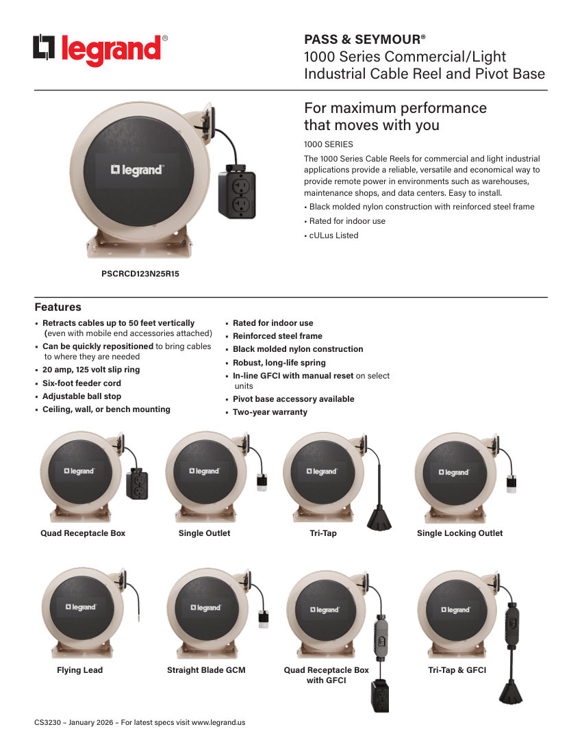Legrand EWS-PS-CS-CableReel-CS3230 cut sheet — first page