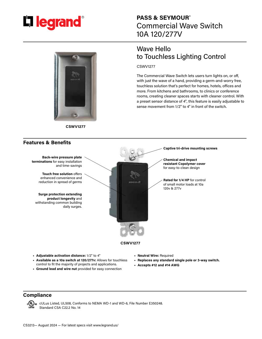 Legrand EWS-PS-CS-Commercial Wave Switch CSWV1277-3213-1124 cut sheet — first page
