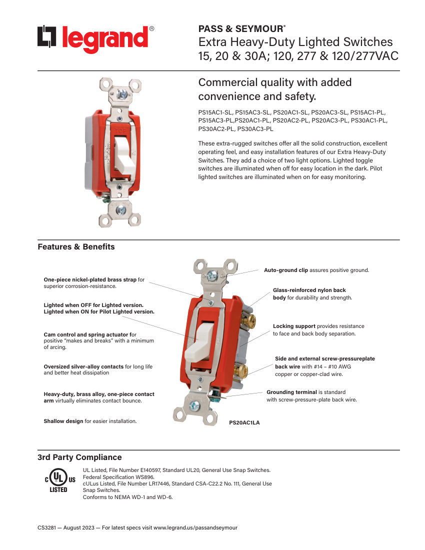 Legrand EWS-PS-CS-ExtraHeavyDuty-3281 cut sheet — first page