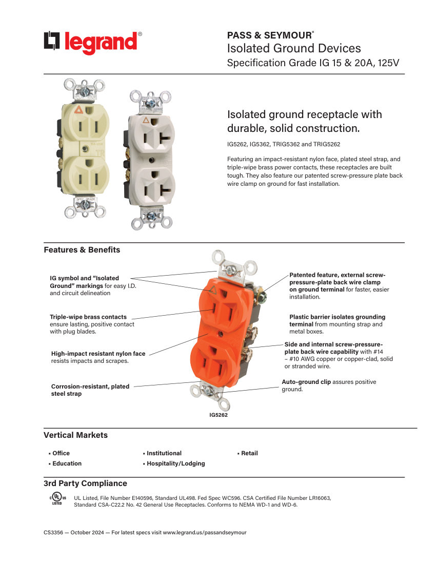 Legrand EWS-PS-CS-HeavyDutyISol-3356 cut sheet — first page