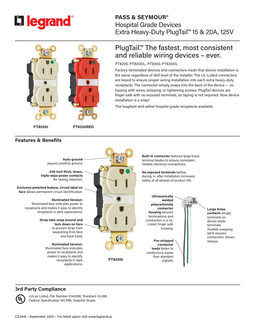 Legrand EWS-PS-CS-HGExtraHeavyDutyPlugTail-PT8200-3416 cut sheet — first page