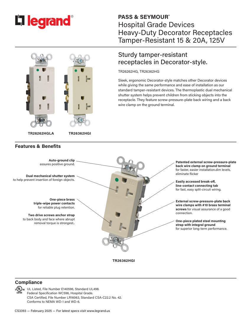 Legrand EWS-PS-CS-HGHeavyDutyDecoratorReceptacles-CS3393-0225 cut sheet — first page