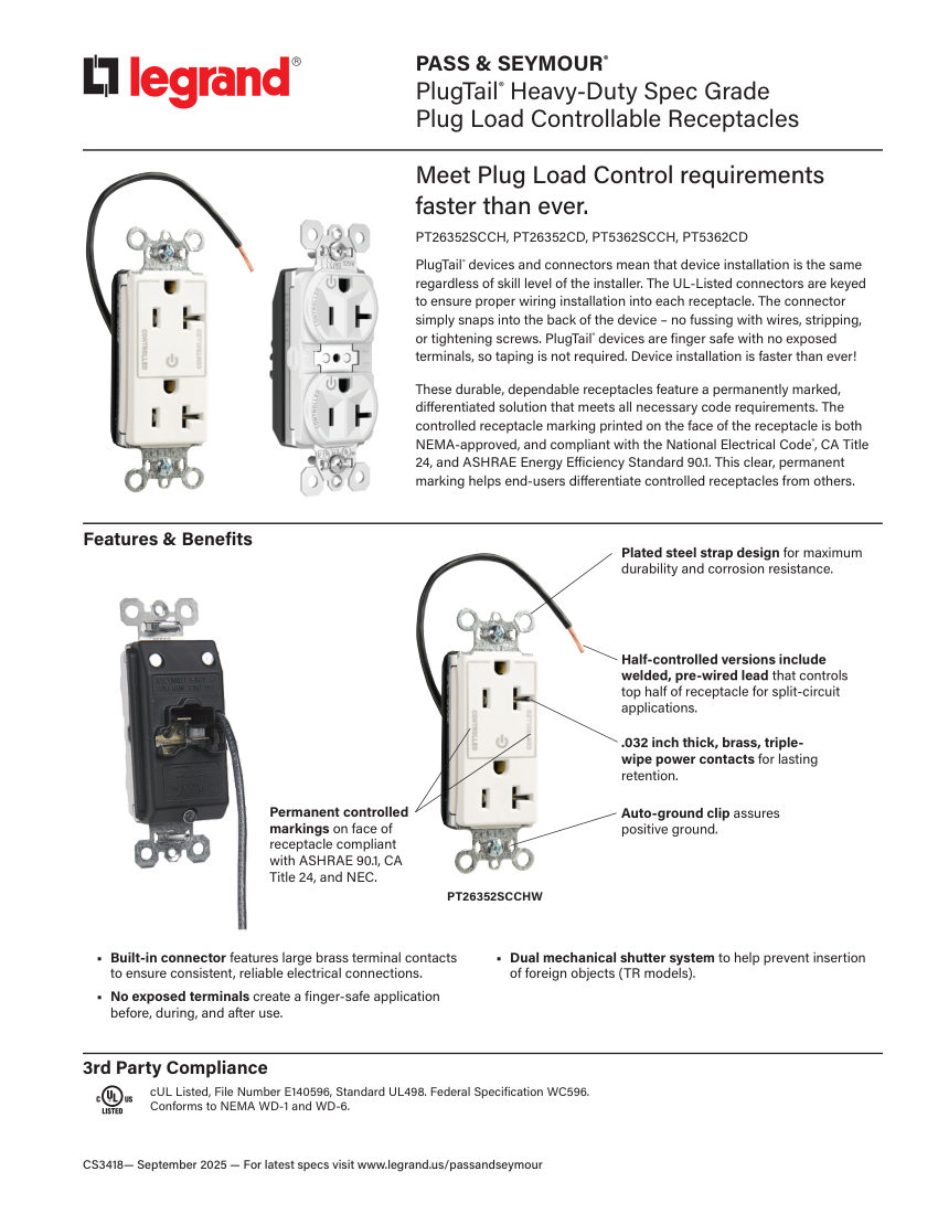 Legrand EWS-PS-CS-PlugTail-PT26352SCCH-3418 cut sheet — first page