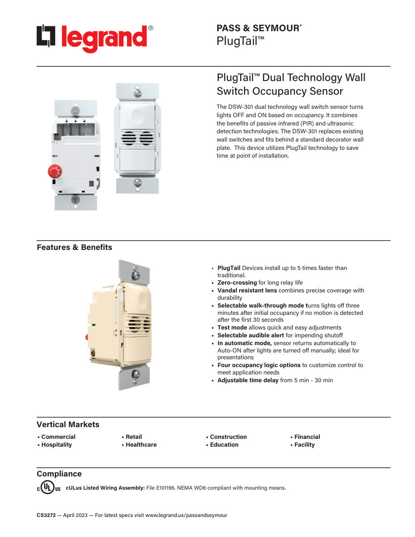 Legrand EWS-PS-CS-PlugTailDualTechSensor-3272-0523 cut sheet — first page