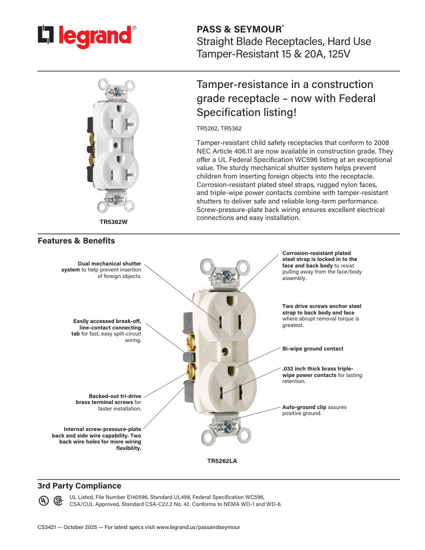 Legrand EWS-PS-CS-StraightBladeReceptacle-3421 cut sheet — first page