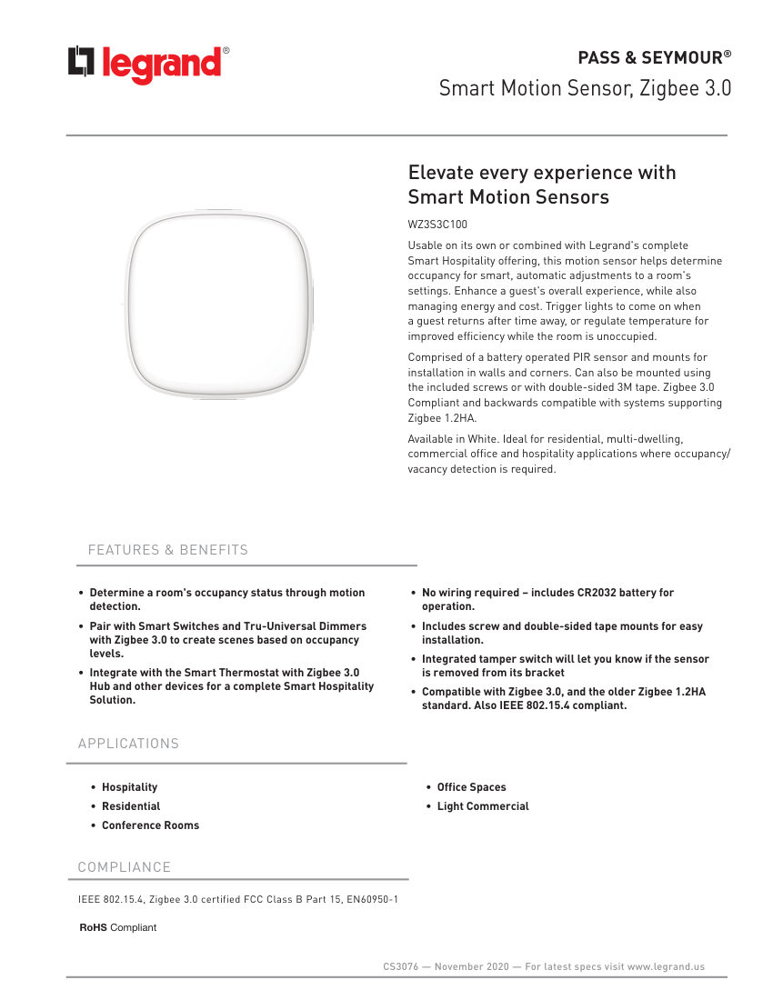 Legrand EWS-PS-CS-ZigbeeMotionSensor-CS3076-1120 cut sheet — first page