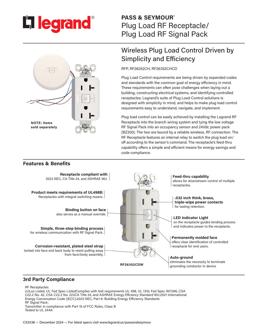 Legrand EWS-PS-CS3338-PlugLoadRFRecep(1) cut sheet — first page
